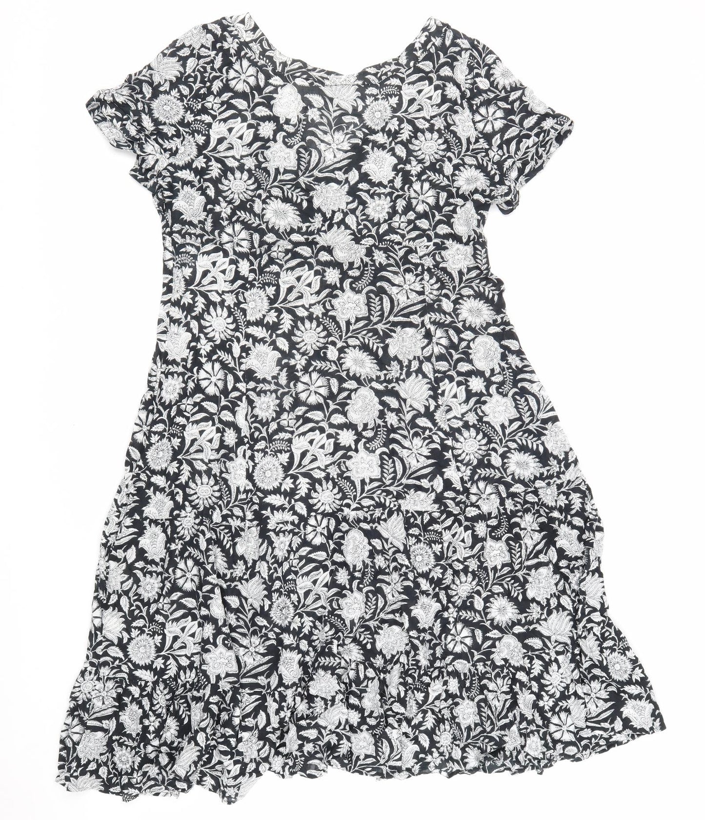 Anokhi Womens Black Floral 100% Cotton A-Line Size 16 V-Neck Zip
