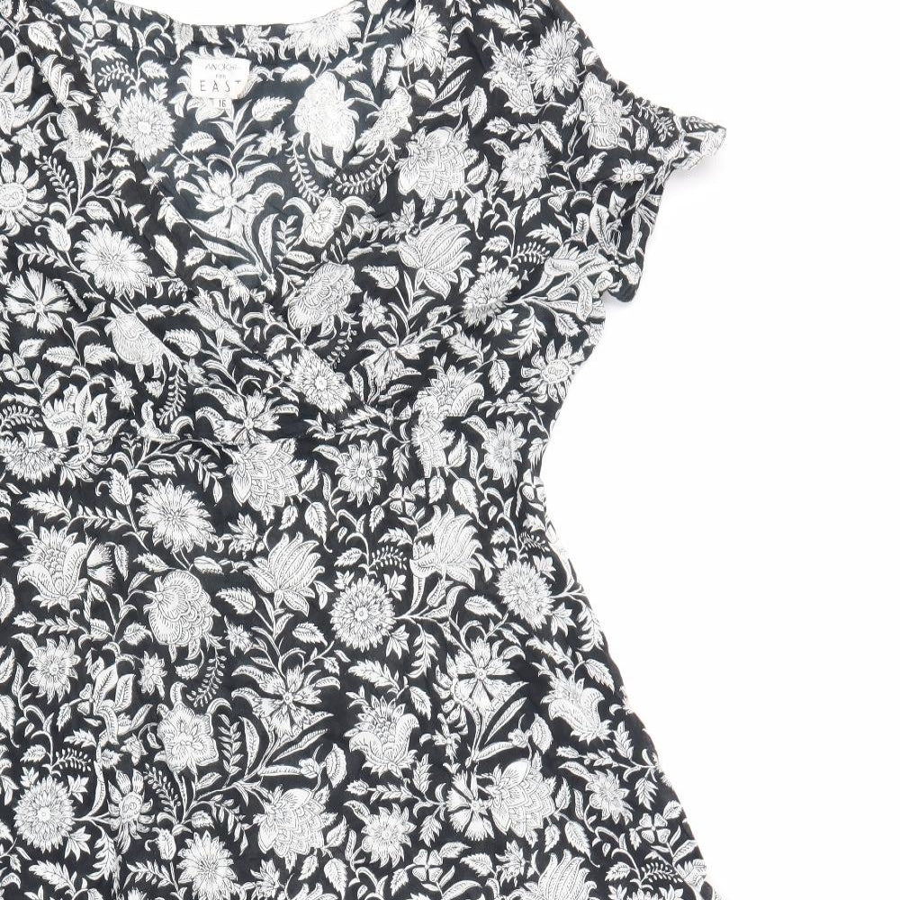 Anokhi Womens Black Floral 100% Cotton A-Line Size 16 V-Neck Zip