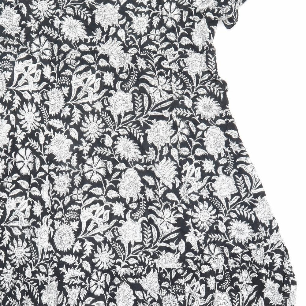 Anokhi Womens Black Floral 100% Cotton A-Line Size 16 V-Neck Zip