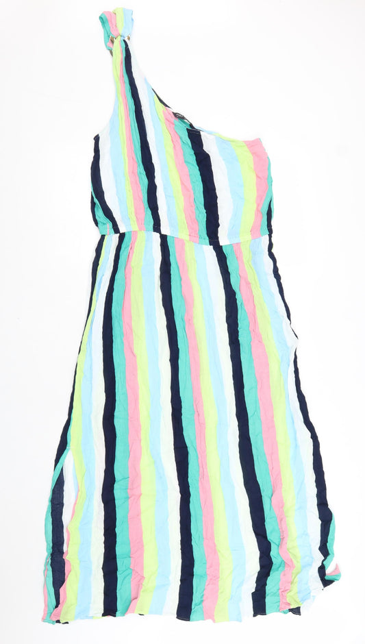 Marks and Spencer Womens Multicoloured Striped 100% Cotton A-Line Size 14 One Shoulder Pullover