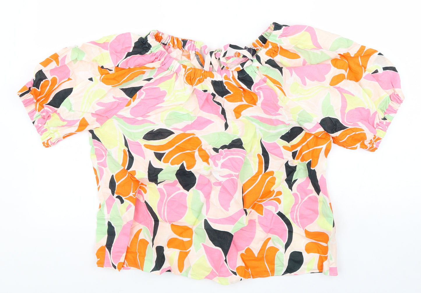Marks and Spencer Womens Multicoloured Floral Linen Basic Blouse Size 10 Scoop Neck
