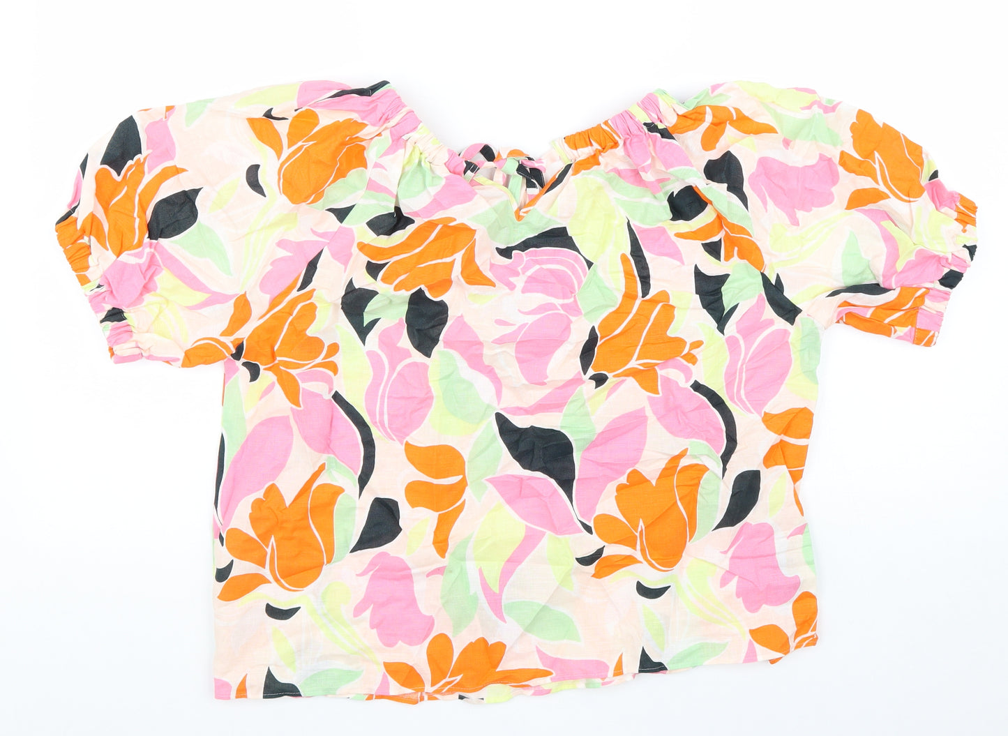 Marks and Spencer Womens Multicoloured Floral Linen Basic Blouse Size 10 Scoop Neck