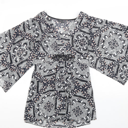 Per Una Womens Black Geometric Polyester Tunic Blouse Size 14 V-Neck - Flute Sleeve