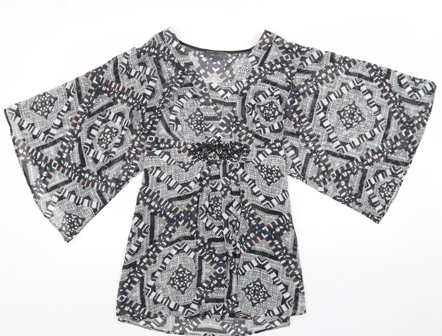 Per Una Womens Black Geometric Polyester Tunic Blouse Size 14 V-Neck - Flute Sleeve