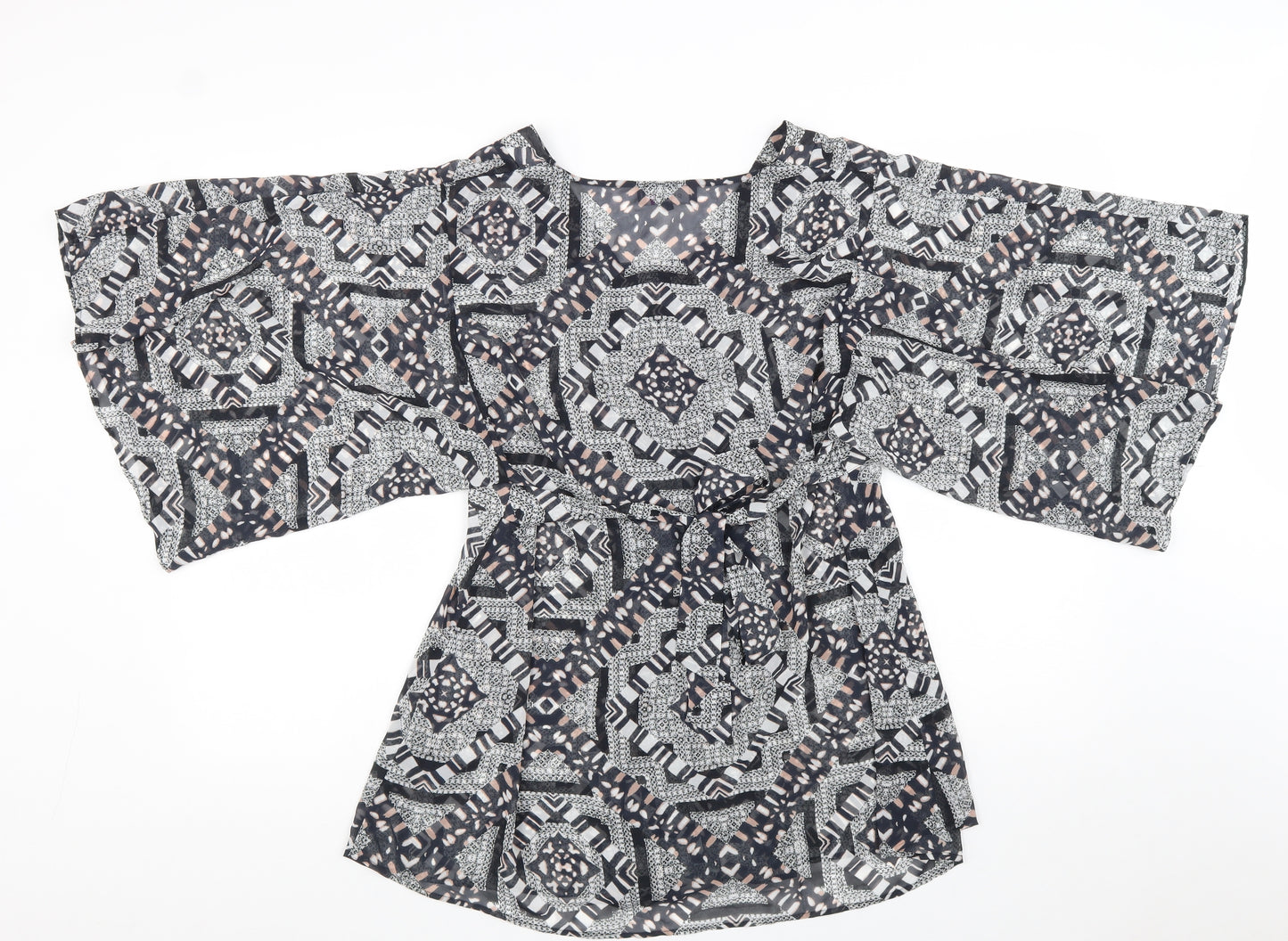 Per Una Womens Black Geometric Polyester Tunic Blouse Size 14 V-Neck - Flute Sleeve
