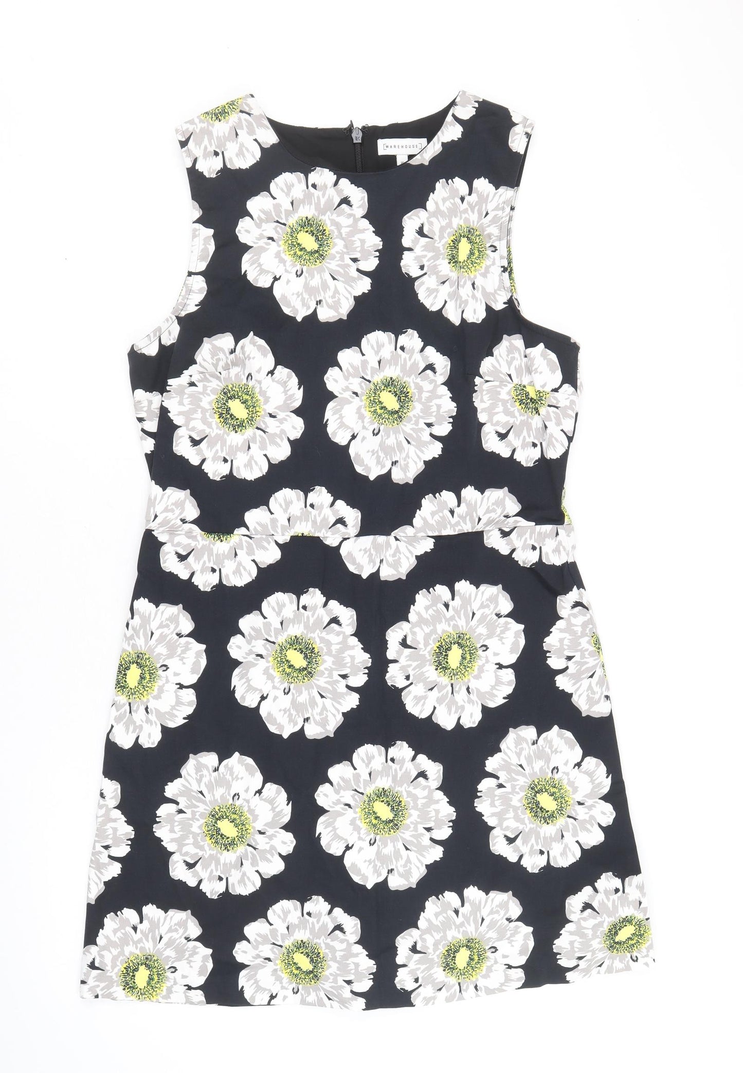 Warehouse Womens Black Floral Polyester A-Line Size 16 Round Neck Zip