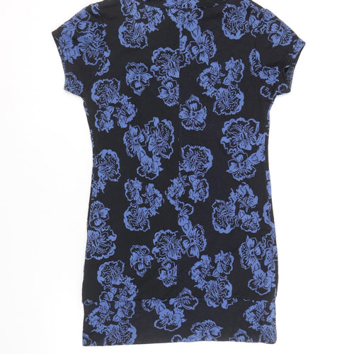 Preworn Womens Blue Floral Polyester Basic Blouse Size M Round Neck