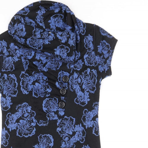 Preworn Womens Blue Floral Polyester Basic Blouse Size M Round Neck