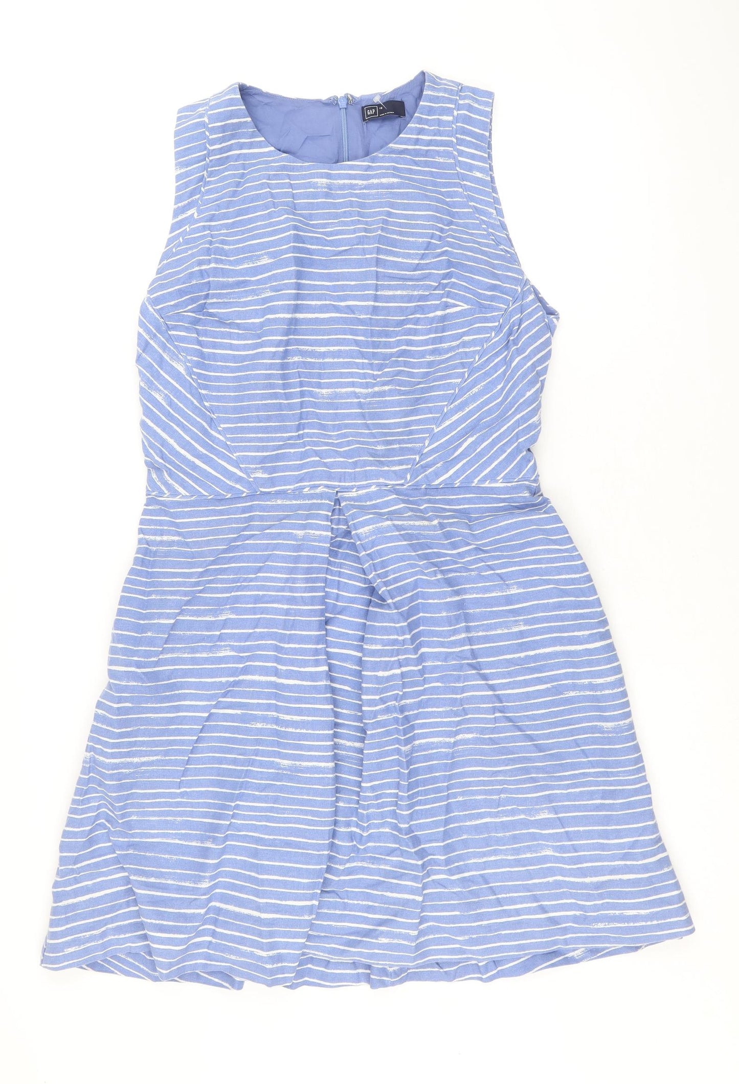 Gap Womens Blue Striped Linen A-Line Size 12 Scoop Neck Zip