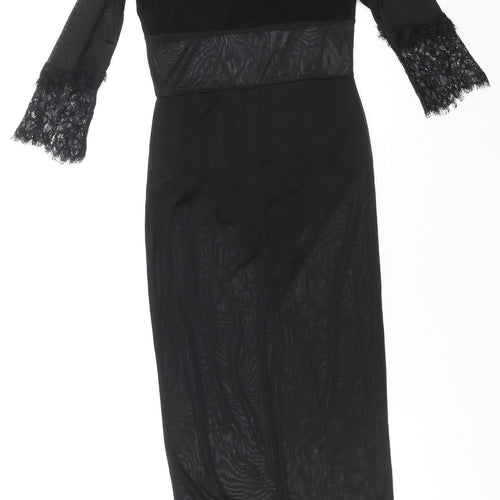 Boohoo Womens Black Polyester Bodycon Size 10 Boat Neck Pullover - Lace Trim