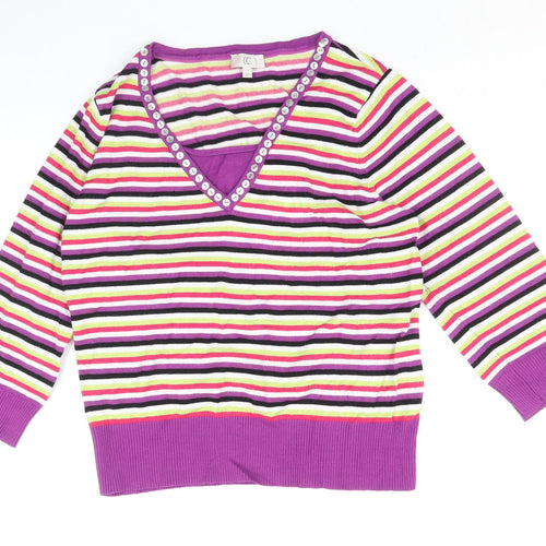 CC Womens Multicoloured V-Neck Striped Viscose Pullover Jumper Size M