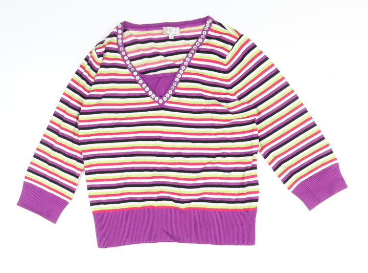 CC Womens Multicoloured V-Neck Striped Viscose Pullover Jumper Size M