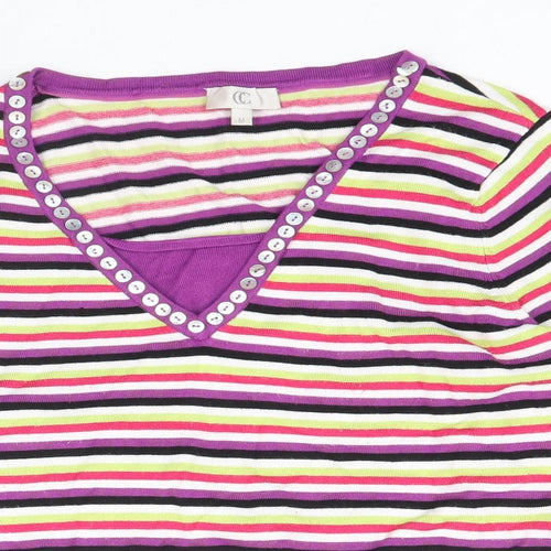 CC Womens Multicoloured V-Neck Striped Viscose Pullover Jumper Size M