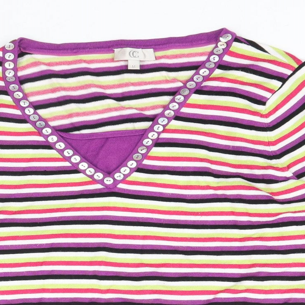 CC Womens Multicoloured V-Neck Striped Viscose Pullover Jumper Size M