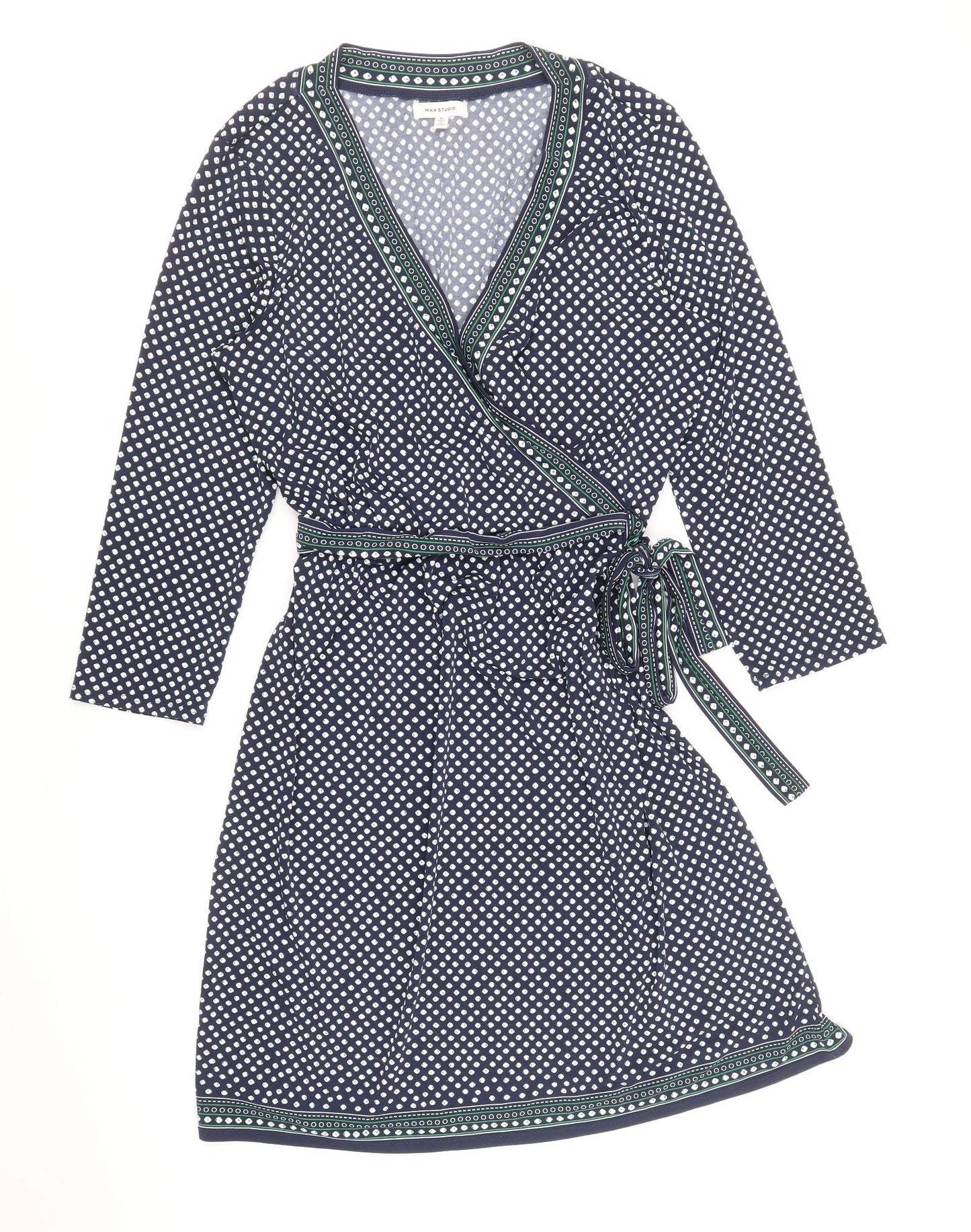 Max Studio Womens Blue Geometric Polyester Wrap Dress Size XL V-Neck Pullover