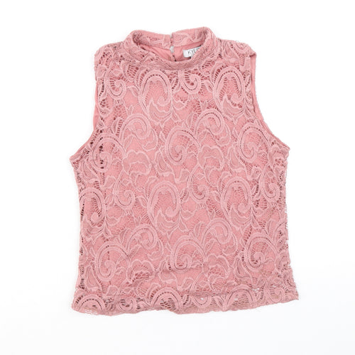 M&Co Girls Pink Nylon Basic Blouse Size 14 Years Mock Neck Button
