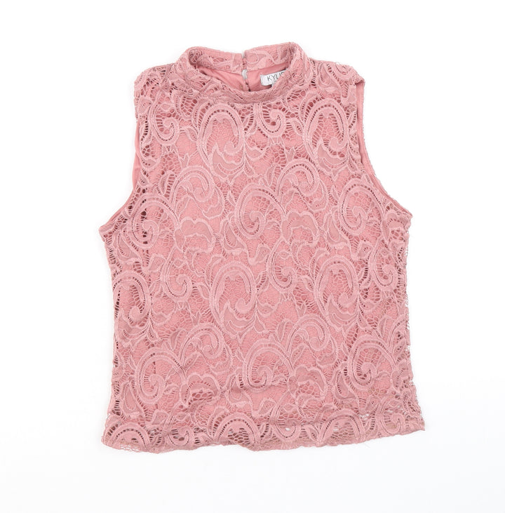 M&Co Girls Pink Nylon Basic Blouse Size 14 Years Mock Neck Button