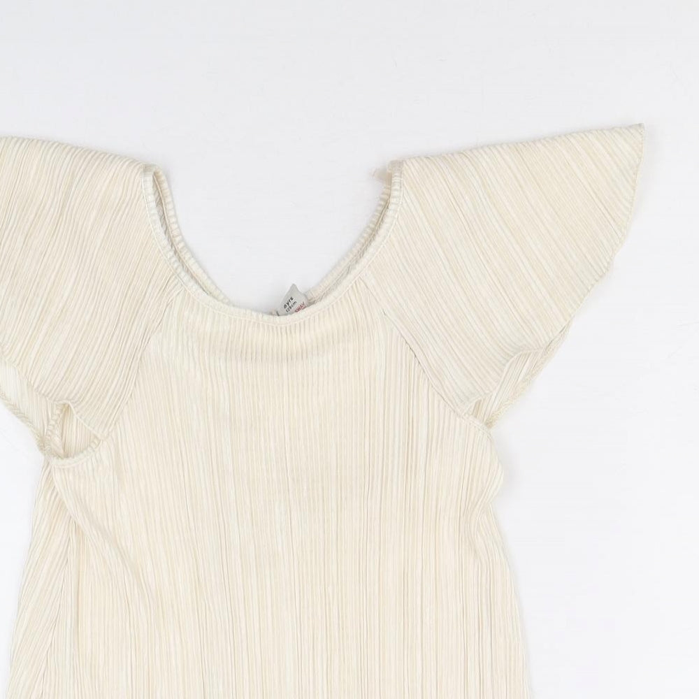 TU Girls Ivory Herringbone Polyester Basic Blouse Size 8 Years Round Neck Pullover - Plisse