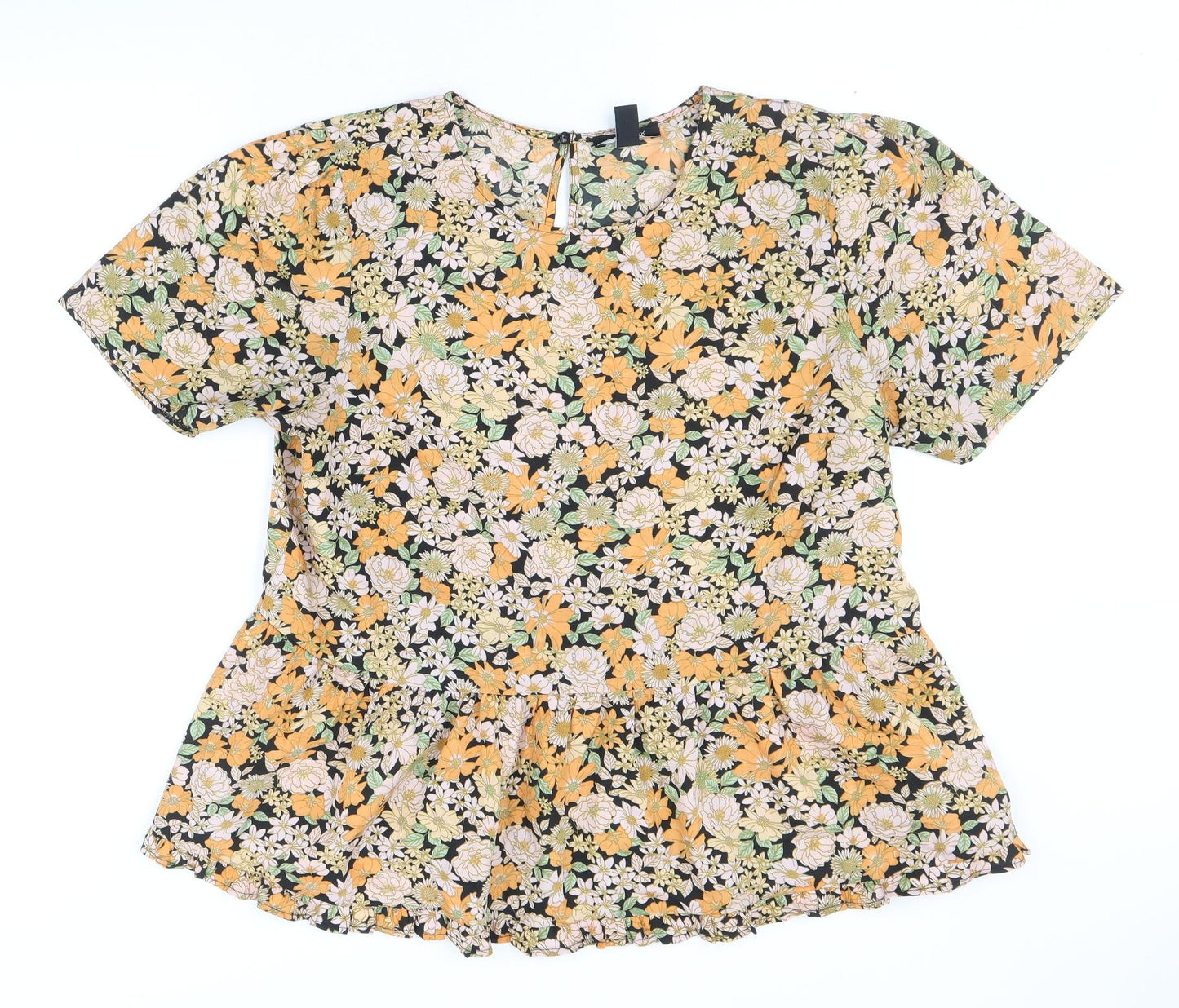 New Look Womens Orange Floral Polyester Basic Blouse Size 16 Round Neck