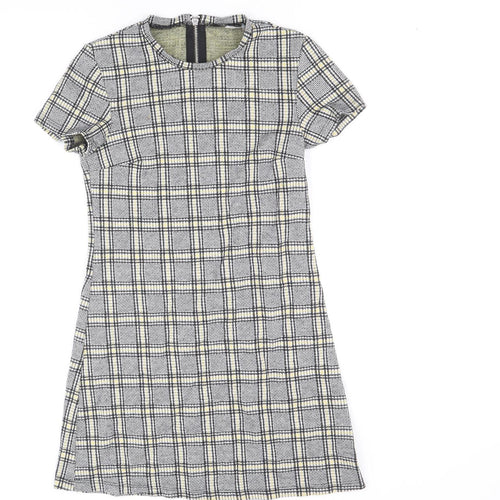 Preworn Womens Black Plaid Cotton A-Line Size 8 Scoop Neck Zip