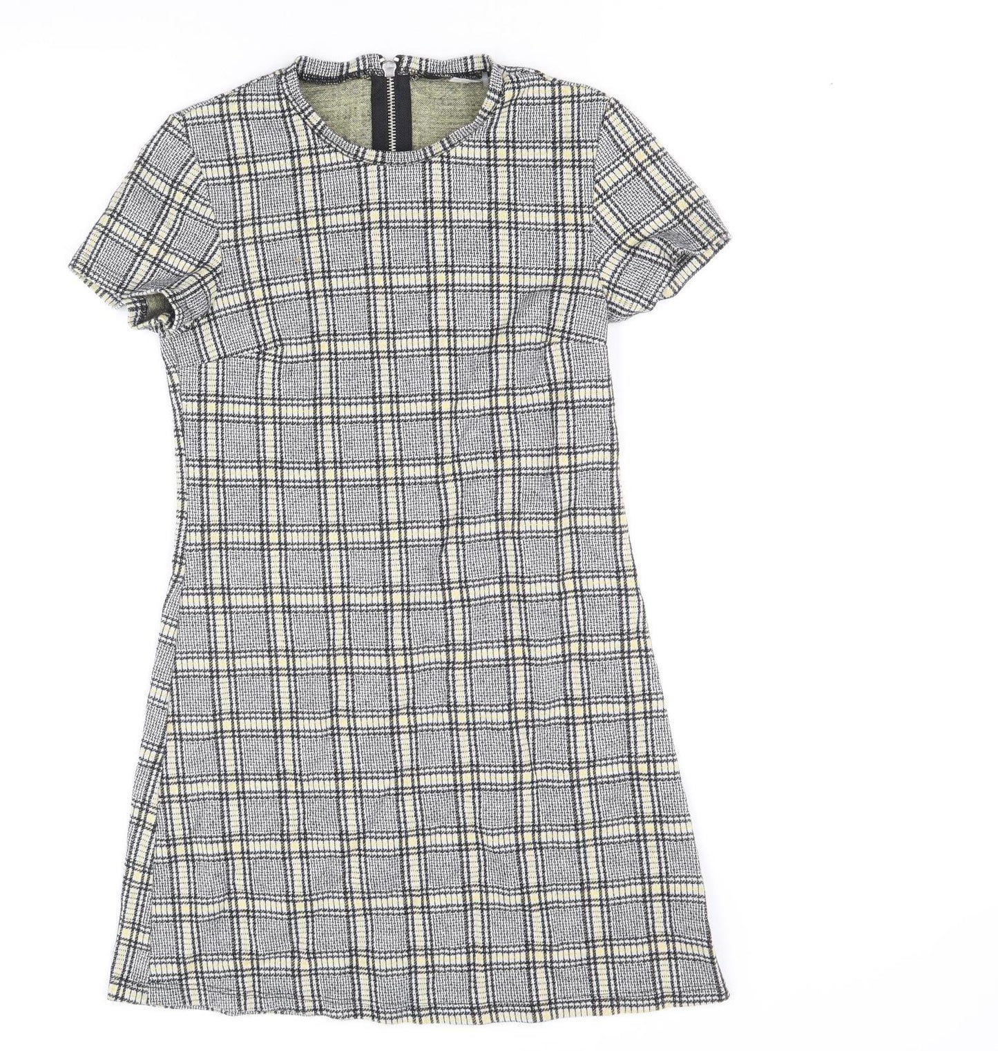Preworn Womens Black Plaid Cotton A-Line Size 8 Scoop Neck Zip