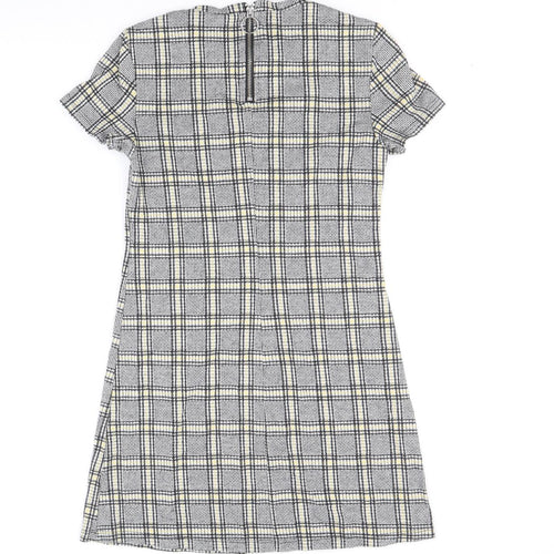 Preworn Womens Black Plaid Cotton A-Line Size 8 Scoop Neck Zip