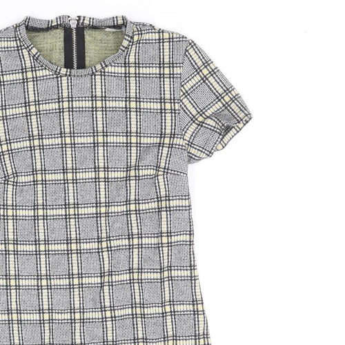 Preworn Womens Black Plaid Cotton A-Line Size 8 Scoop Neck Zip