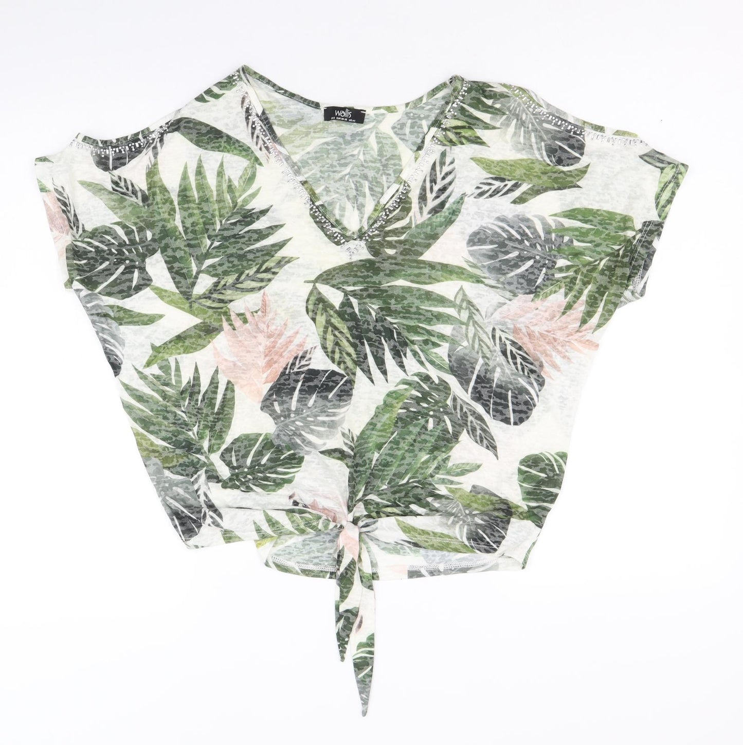Wallis Womens Green Geometric Polyester Basic T-Shirt Size S V-Neck - Leaf Print Knot Front