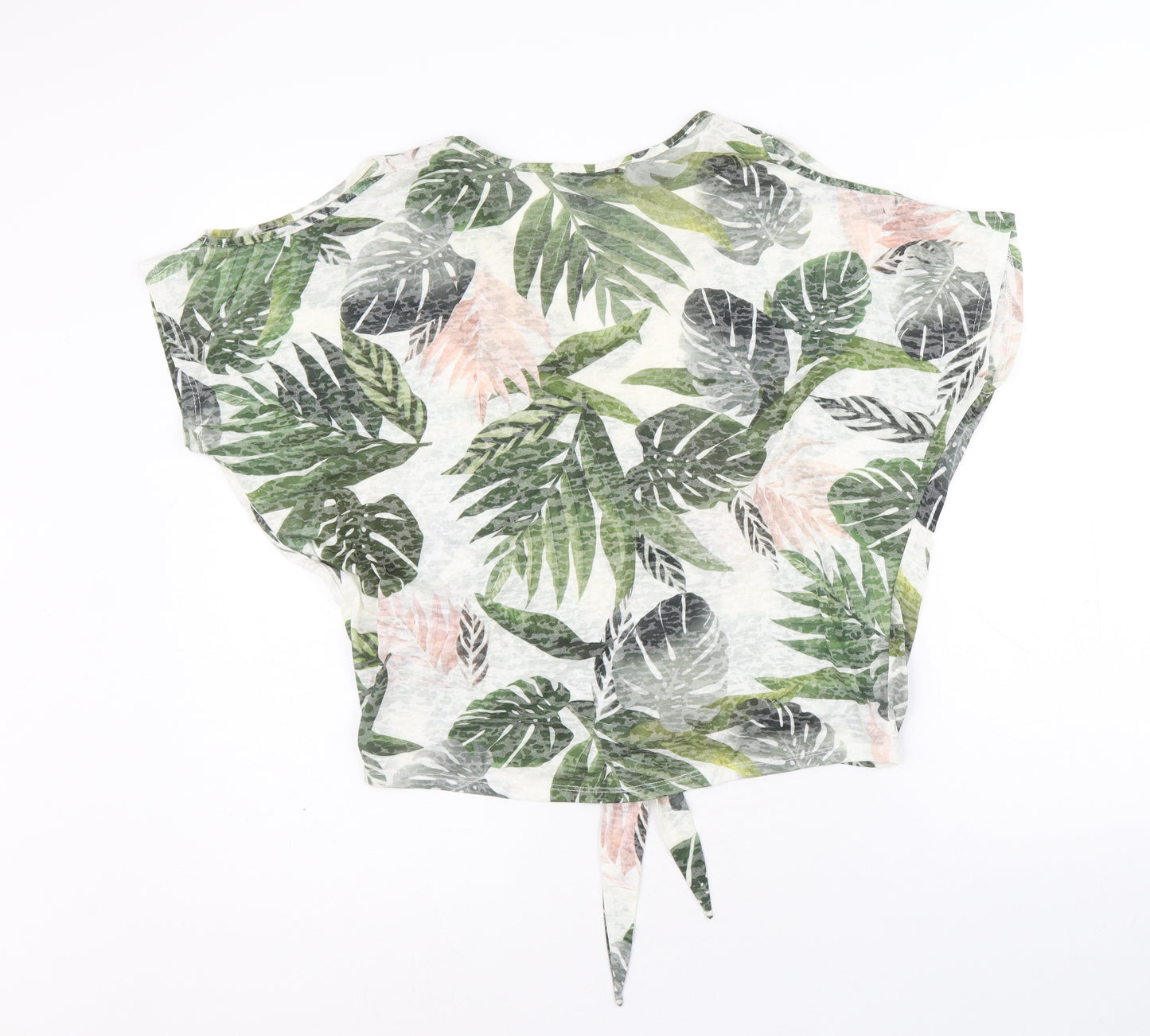 Wallis Womens Green Geometric Polyester Basic T-Shirt Size S V-Neck - Leaf Print Knot Front