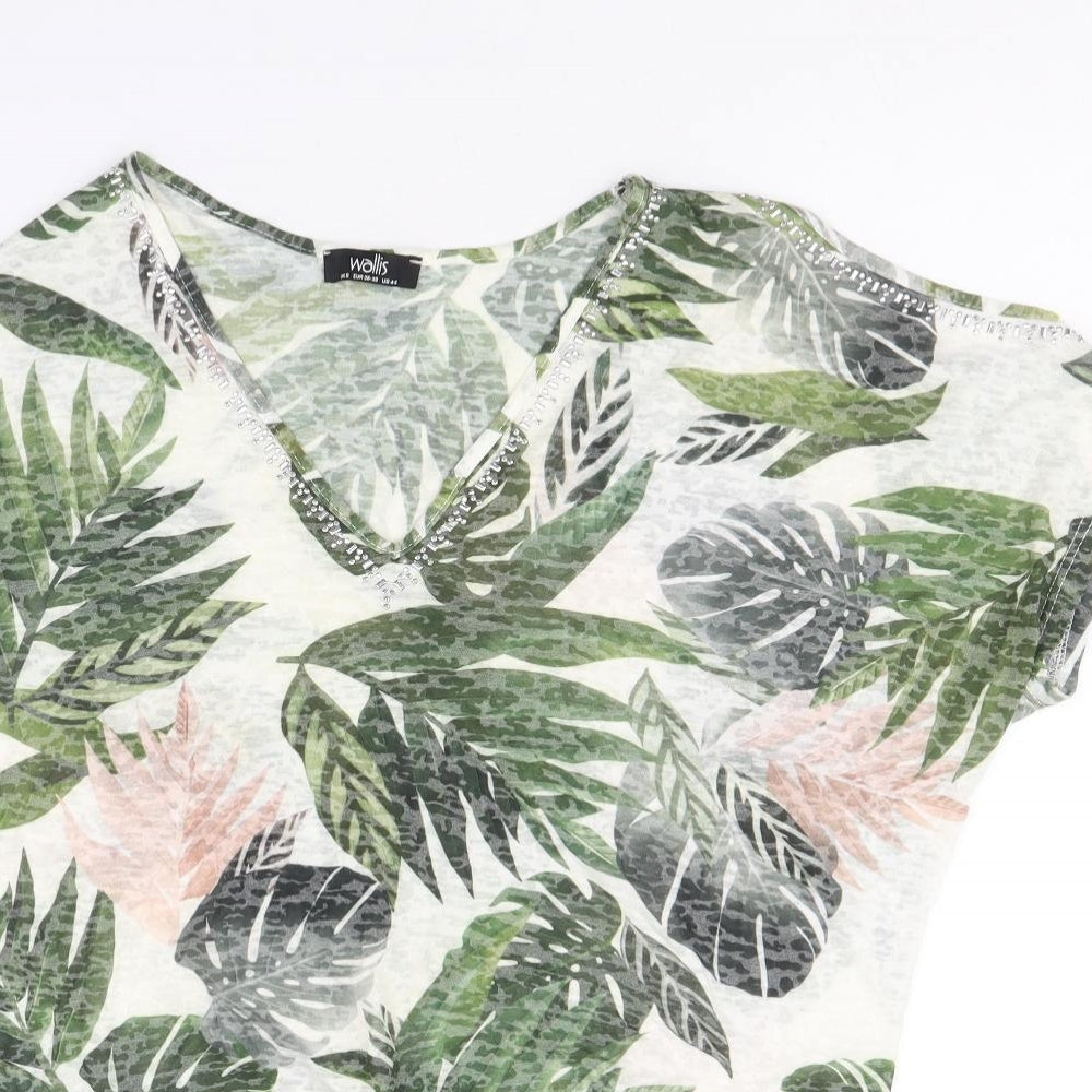Wallis Womens Green Geometric Polyester Basic T-Shirt Size S V-Neck - Leaf Print Knot Front