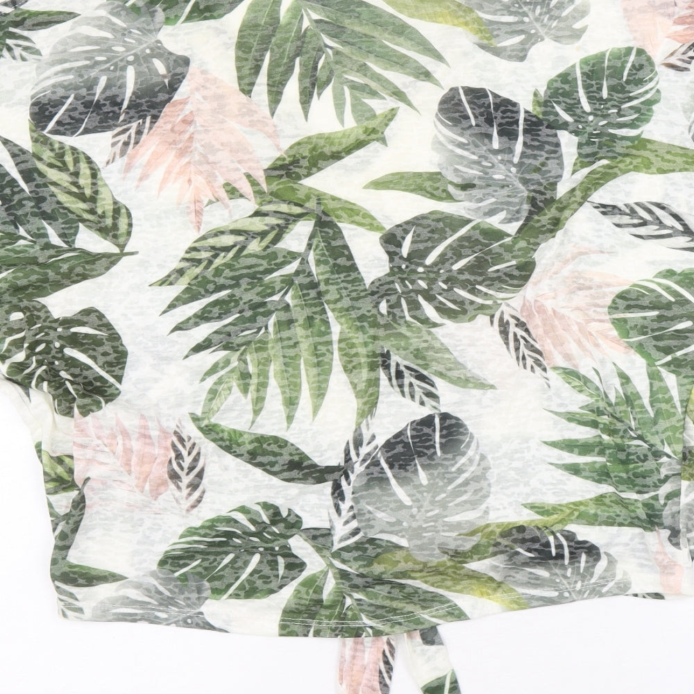 Wallis Womens Green Geometric Polyester Basic T-Shirt Size S V-Neck - Leaf Print Knot Front
