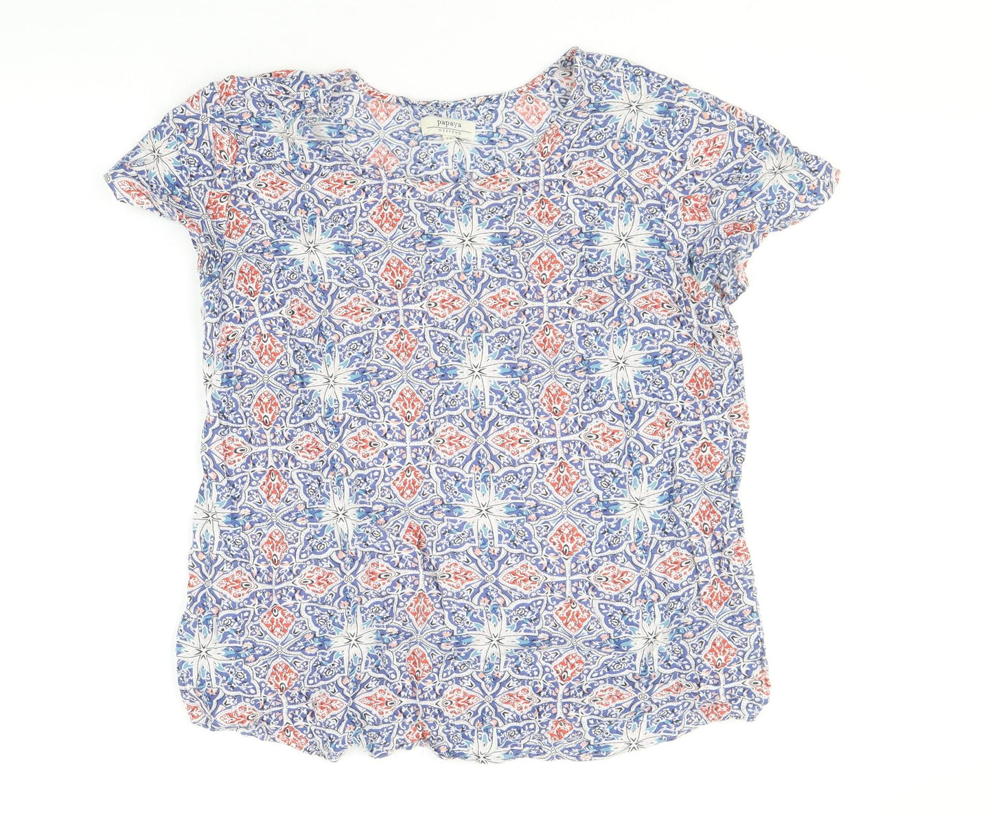 Papaya Womens Blue Geometric Viscose Basic T-Shirt Size 12 Round Neck