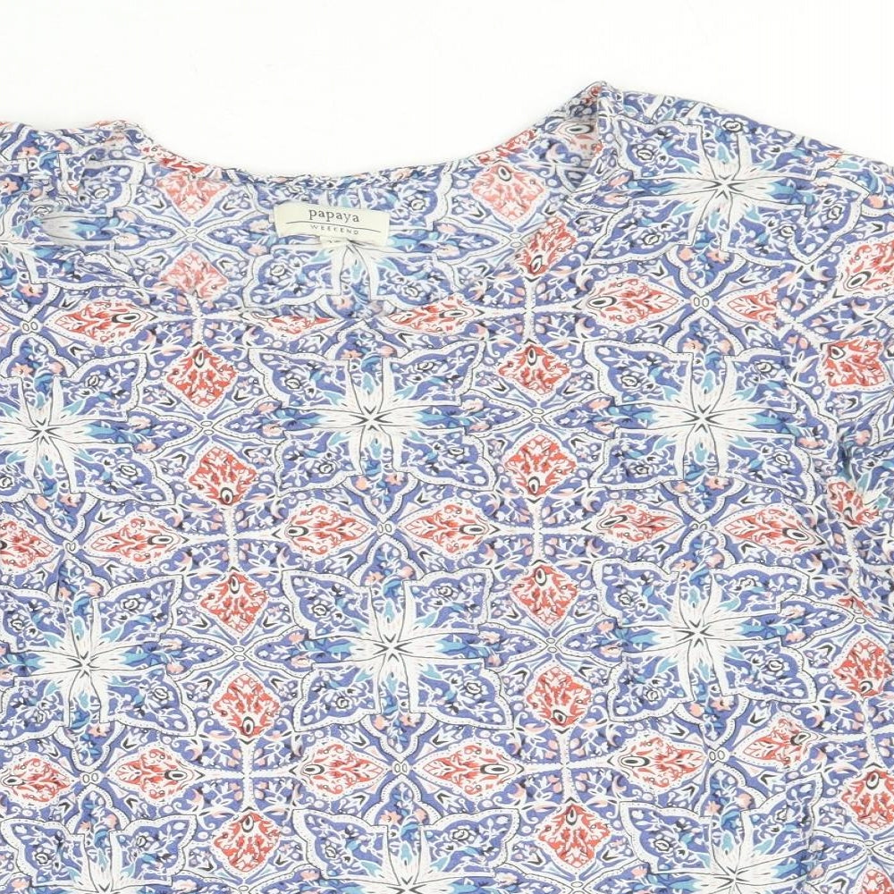 Papaya Womens Blue Geometric Viscose Basic T-Shirt Size 12 Round Neck