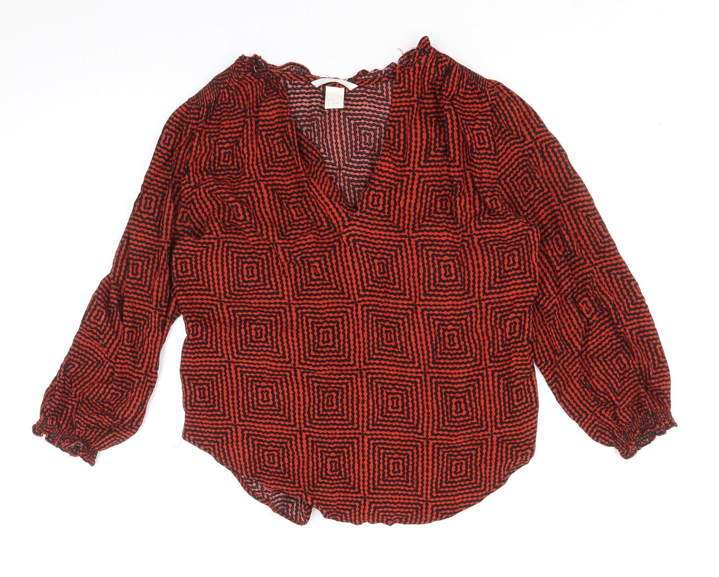 H&M Womens Red Geometric Viscose Basic Blouse Size 14 V-Neck