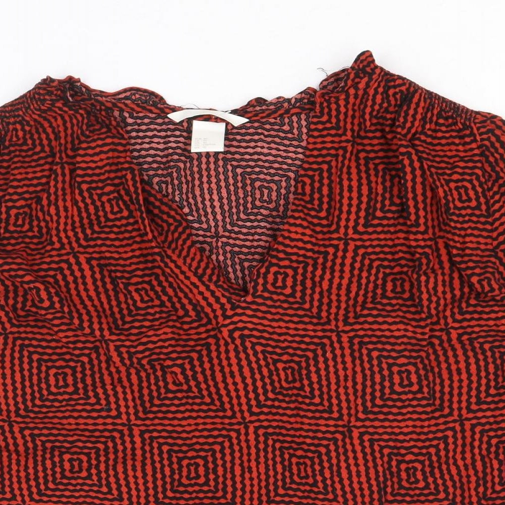 H&M Womens Red Geometric Viscose Basic Blouse Size 14 V-Neck
