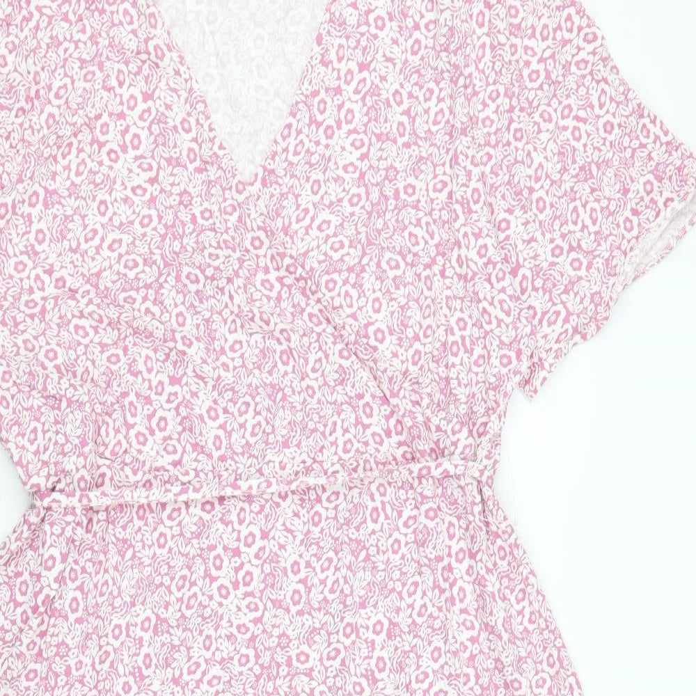 Marks and Spencer Womens Pink Floral Viscose A-Line Size 20 V-Neck Pullover