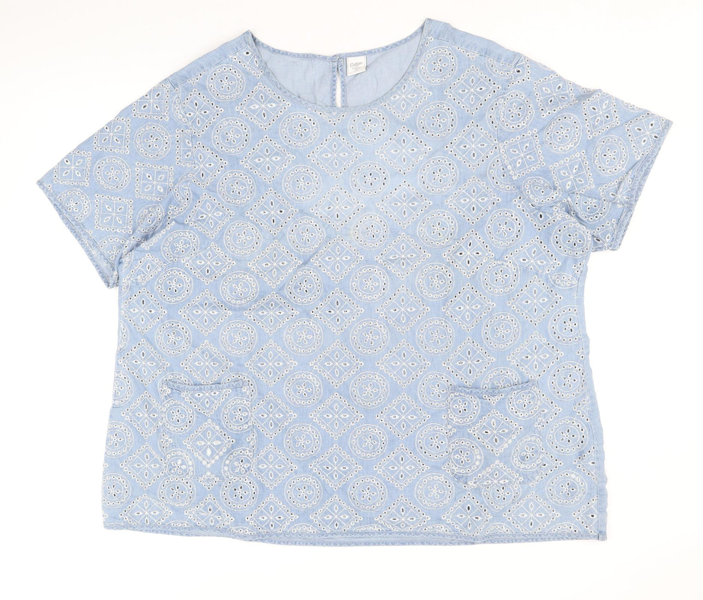 Cotton Traders Womens Blue Geometric 100% Cotton Basic T-Shirt Size 14 Round Neck