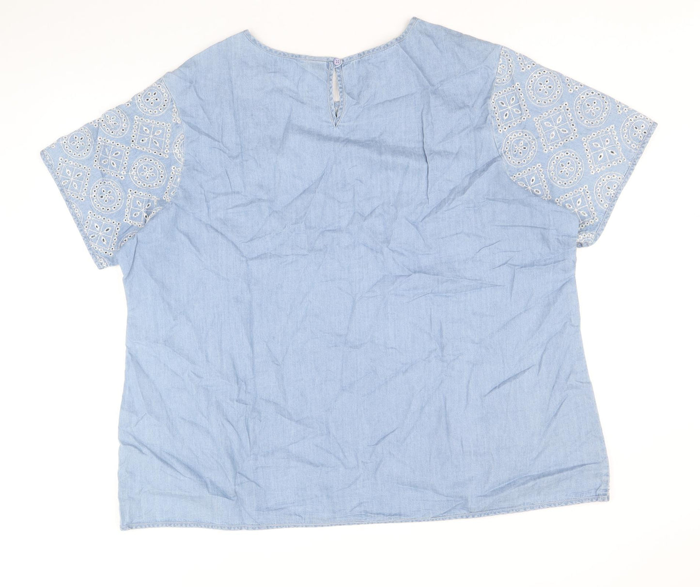 Cotton Traders Womens Blue Geometric 100% Cotton Basic T-Shirt Size 14 Round Neck