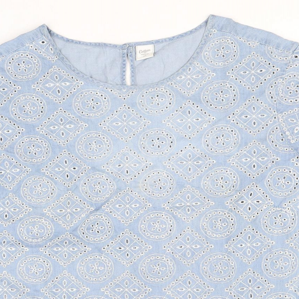 Cotton Traders Womens Blue Geometric 100% Cotton Basic T-Shirt Size 14 Round Neck
