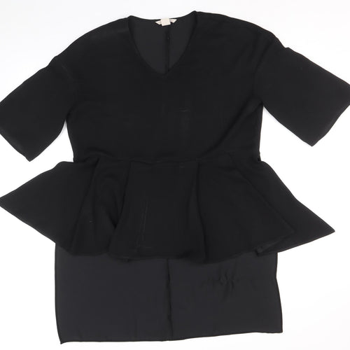 H&M Womens Black Polyester Tunic Blouse Size 14 V-Neck - Hi Lo Hem