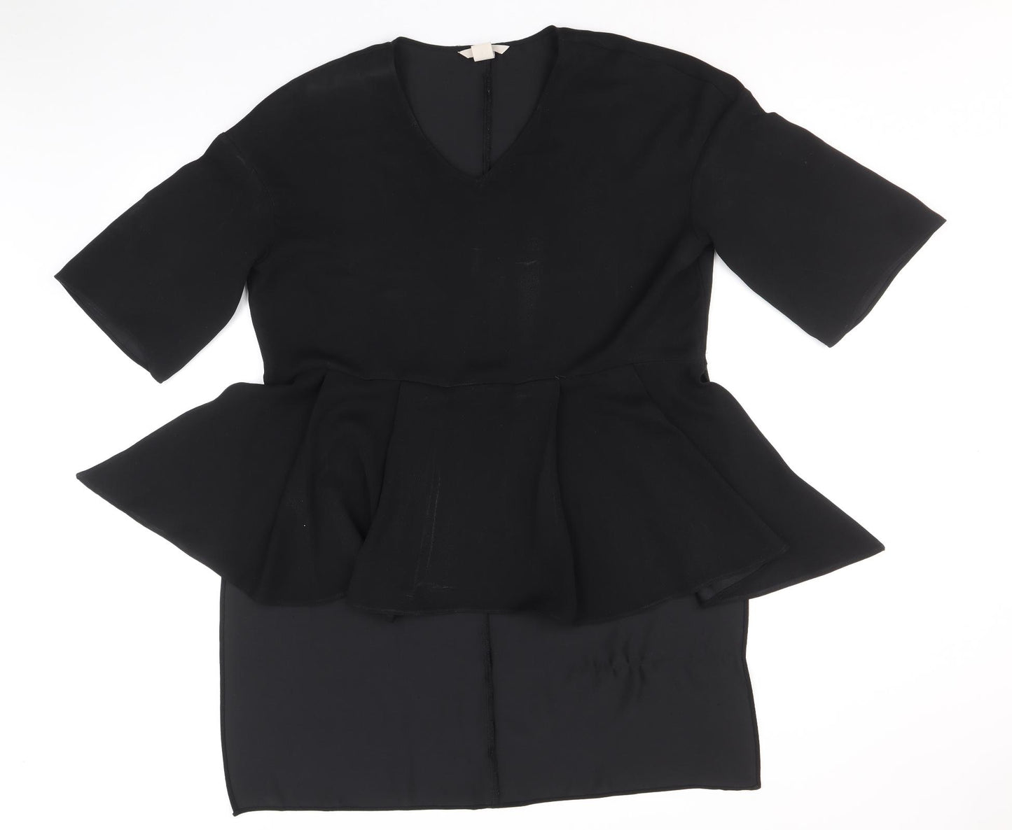 H&M Womens Black Polyester Tunic Blouse Size 14 V-Neck - Hi Lo Hem