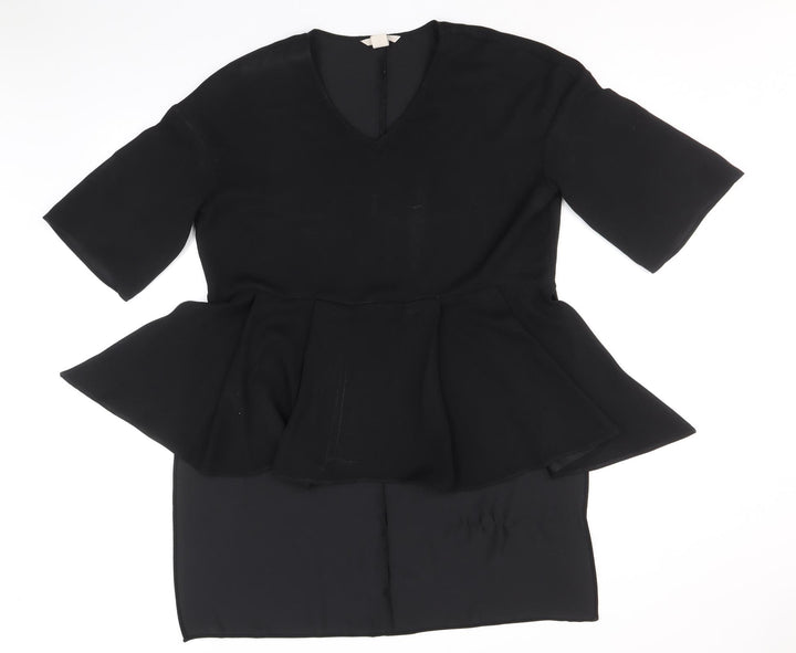 H&M Womens Black Polyester Tunic Blouse Size 14 V-Neck - Hi Lo Hem