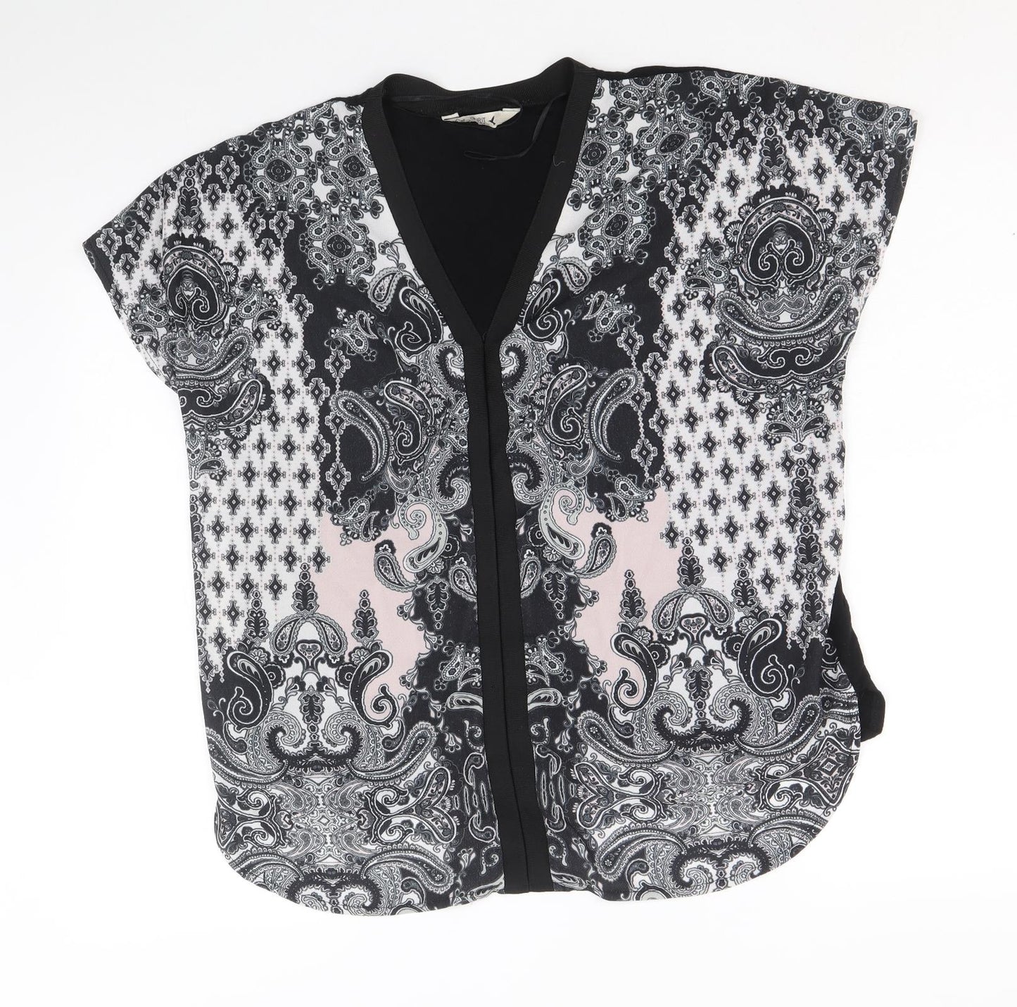 M&Co Womens Black Geometric Polyester Basic T-Shirt Size 10 V-Neck