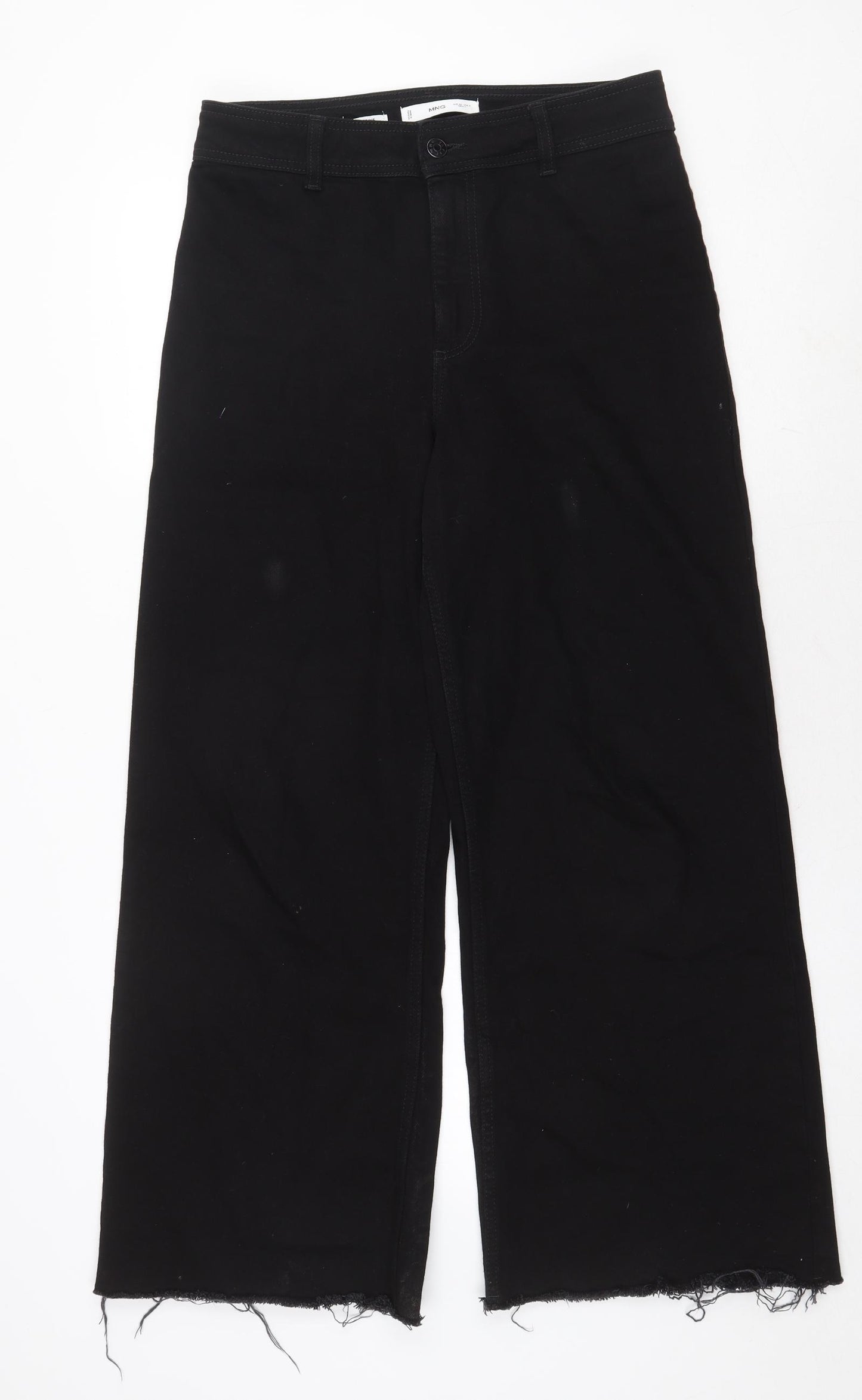 Mango Womens Black Cotton Wide-Leg Jeans Size 12 Regular Zip - Distressed Hems