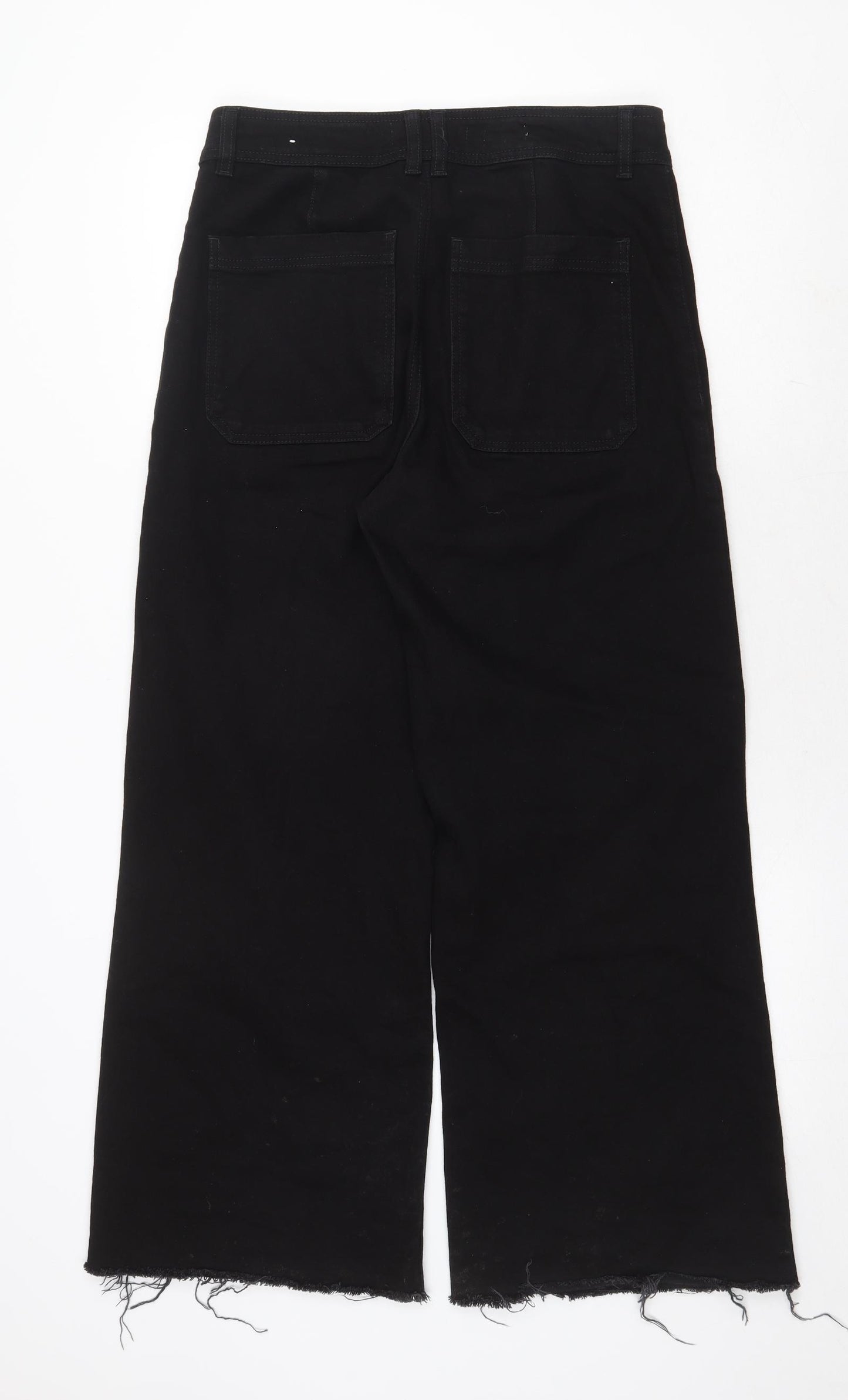 Mango Womens Black Cotton Wide-Leg Jeans Size 12 Regular Zip - Distressed Hems