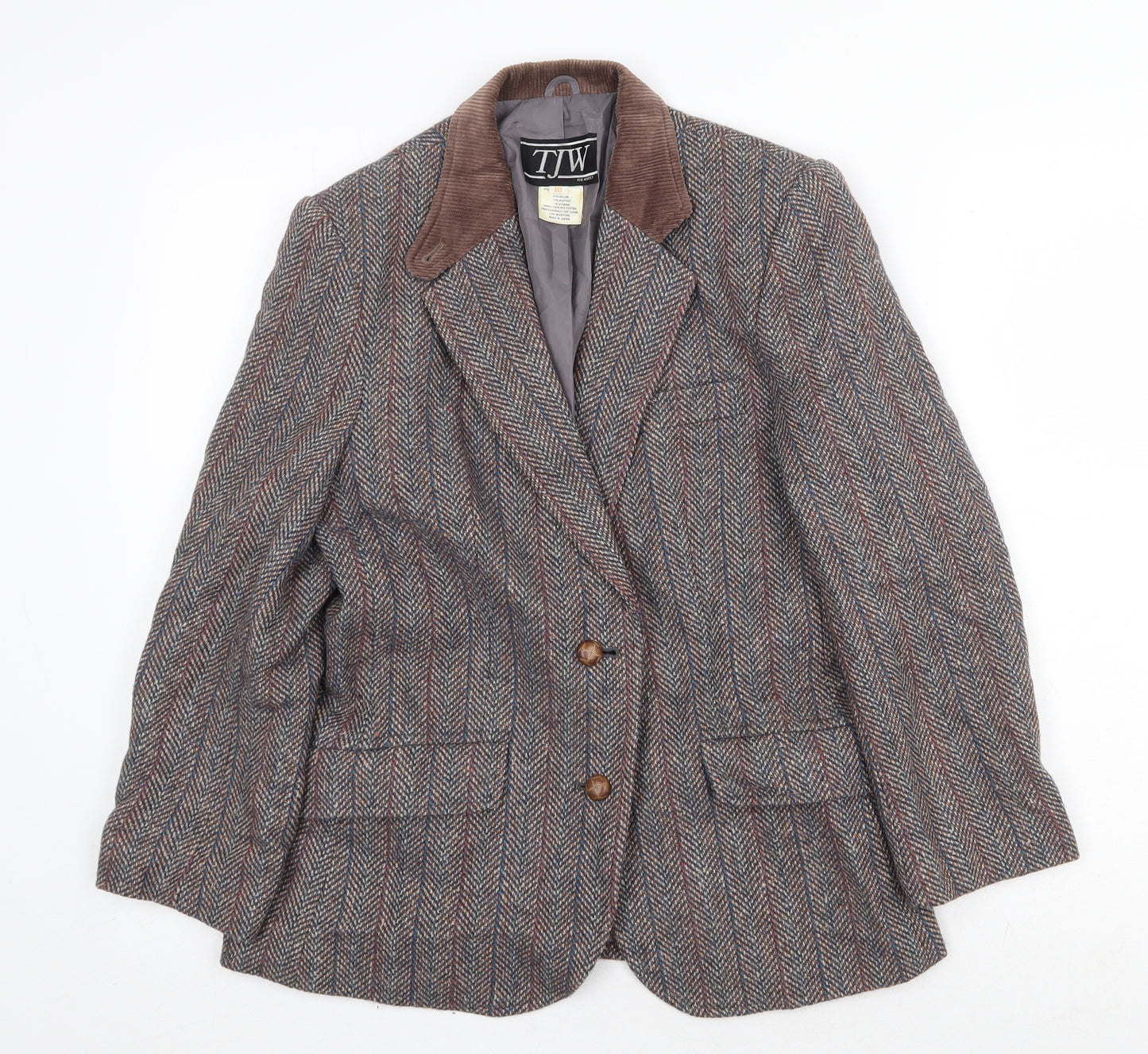 TJW Womens Grey Herringbone Jacket Blazer Size 10 Button