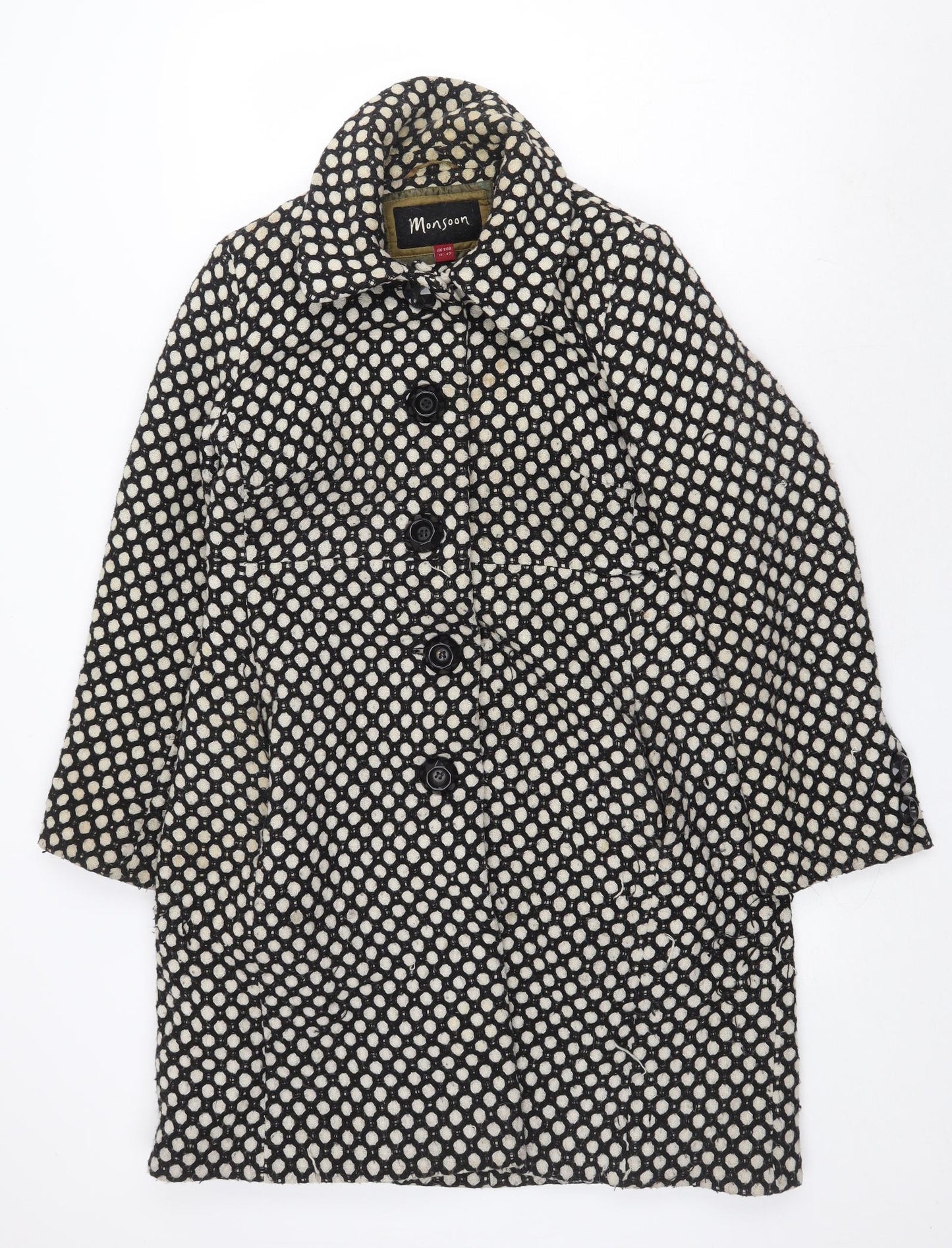 Monsoon Womens Black Geometric Pea Coat Coat Size 12 Button