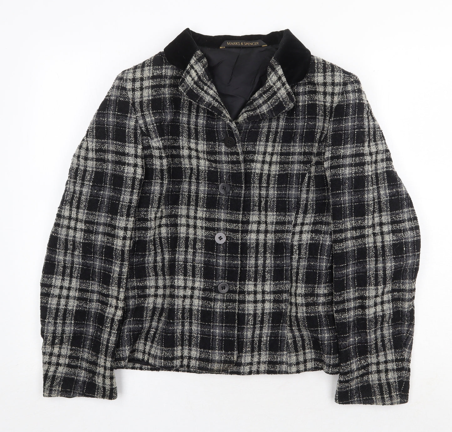 Marks and Spencer Womens Black Plaid Jacket Size 12 Button