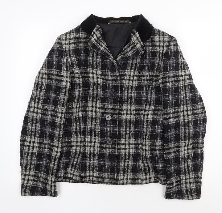 Marks and Spencer Womens Black Plaid Jacket Size 12 Button