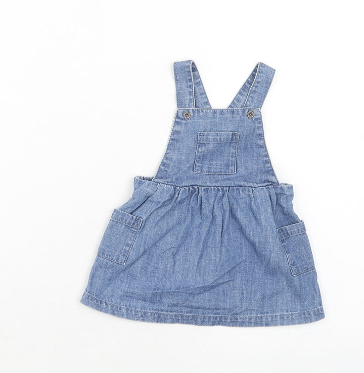 Marks and Spencer Girls Blue Cotton Pinafore/Dungaree Dress Size 3-6 Months Square Neck Button
